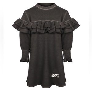 LOUD APPAREL Long-Sleeved Ruffled Organic Dress in Dark Grey Size 12
